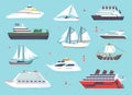 Ships at sea, shipping boats, ocean transport vector icons set Royalty Free Stock Photo