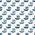 Ships seamless pattern. Repeat vector background for baby boy fabric. Blue ships pattern for textile design. Simple nautical