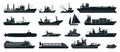 Ships silhouette. Cargo ship with shipping containers, tourist cruise ship, commercial fishing vessel, yacht. Water Royalty Free Stock Photo