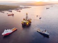 Ships are transporting offshore oil rig for installation sea for repairs, aerial top view Royalty Free Stock Photo