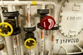 Ships valves, main engine - engineering interior. Royalty Free Stock Photo