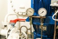 Ships valves, main engine - engineering interior. Royalty Free Stock Photo