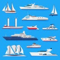 Ships vector boats or cruise travelling in ocean or sea and shipping transportation illustration marine set of nautical