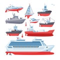 Ships vector boats or cruise travelling in ocean or sea and shipping transportation illustration marine set of nautical