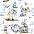 ships. watercolor seamless pattern sea adventure. sailboat, boat, boat trip, summer holidays, dreams. watercolor set