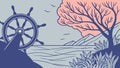 Ships Wheel, Bare Tree, Sunset Landscape Vector Art, vector design Generative AI Royalty Free Stock Photo