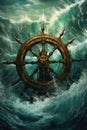 ships wheel navigating through stormy seas