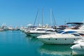 Ships, yachts and boats on blue surface of Black Sea by pier of Commercial seaport of Sochi. Royalty Free Stock Photo