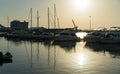 Ships, yachts and boats at sunset on Black Sea by pier of Commercial seaport of Sochi. Royalty Free Stock Photo