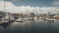 Ships, yachts at ocean bay aerial. Cityscape with old historic architecture landmark at port city