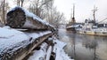 Ships on the Yenisei River in winter. frosts