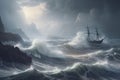 Shipwreck of an ancient wooden masted ship in a storm, in the style of oil painting, Generated by Ai Royalty Free Stock Photo