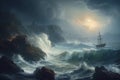 Shipwreck of an ancient wooden masted ship in a storm, in the style of oil painting, Generated by Ai Royalty Free Stock Photo