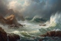 Shipwreck of an ancient wooden masted ship in a storm, in the style of oil painting, Generated by Ai Royalty Free Stock Photo