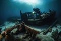 shipwreck being explored by diver, with treasure revealed in the shadows