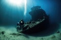 shipwreck being explored by diver, with treasure revealed in the shadows