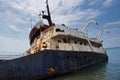 Shipwreck on Black sea coast. Ship brought ashore