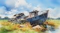 Elegant Watercolor Painting Of A Crashed Ferry In A Grassy Field