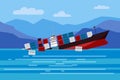 Shipwreck of cargo ship in ocean, vessel going under water and goods containers. Marine transport crash, vector