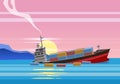 Shipwreck of cargo ship in ocean, vessel going under water and goods containers. Marine transport crash, vector