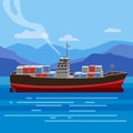 Shipwreck of cargo ship in ocean, vessel going under water and goods containers. Marine transport crash, vector