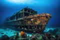 shipwreck covered in colorful and vibrant marine life