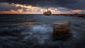 The shipwreck Edro III at sunset near Paphos, Cyprus. Long exposure Royalty Free Stock Photo