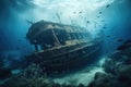 shipwreck emerging from the depths of the ocean, surrounded by schools of fish Royalty Free Stock Photo