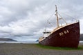 Shipwreck Gardar BA 64 on the Patreksfjordur fjord shoreline in the Westfjords, Iceland.