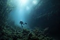 Diver in front of the sunken hull. Royalty Free Stock Photo