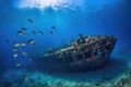 shipwreck lying on the bottom of the ocean, surrounded by schools of fish Royalty Free Stock Photo