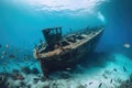 shipwreck lying on the bottom of the ocean, surrounded by schools of fish Royalty Free Stock Photo