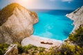 Shipwreck on Navagio beach. Azure turquoise sea water and paradise like sandy beach. Famous tourist landmark on Royalty Free Stock Photo