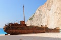 Shipwreck beach with remainder of wrecked ship on Zakynthos island