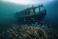 shipwreck of an old wooden sailing ship, surrounded by schools of fish