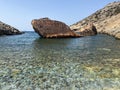 Shipwreck Olympia boat in Amorgos island during summer holidays, at the coastal rocky area, Cyclades, Greece. Travel background Royalty Free Stock Photo