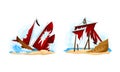 Shipwreck of pirate ships with red sails set. Vintage wooden vessels sinking in sea, ocean cartoon vector illustration Royalty Free Stock Photo