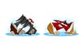 Shipwreck of pirate ships set. Vessels with black and red sails sinking in the sea, ocean cartoon vector illustration Royalty Free Stock Photo