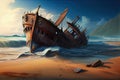 shipwreck on a sandy beach, with waves breaking against the hull Royalty Free Stock Photo