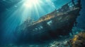 Shipwreck scenery underwater ship wreck deep blue water ocean scenery of metal underwater