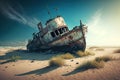 Shipwreck on sea beach, wreck of old rusty ship on sand in summer, generative AI