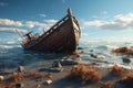 Shipwreck on the seashore. 3d render illustration, Wreck of a fishing boat in the sea. 3d render, AI Generated