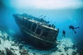 shipwreck surrounded by schools of fish, with divers exploring the interior Royalty Free Stock Photo