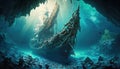 Shipwreck in underwater cave, wreck of old sailing ship under water, generative AI