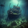 Shipwreck underwater close-up. Generative AI Royalty Free Stock Photo