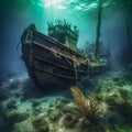 Shipwreck underwater close-up. Generative AI Royalty Free Stock Photo