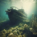 Shipwreck underwater close-up. Generative AI