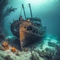 Shipwreck underwater close-up. Generative AI