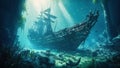Shipwreck Underwater, Derelict Wreck Of Old Sailing Ship Under Water, Generative AI