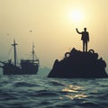 shipwrecked Silhouette of business man stranded on minuscular island in the middle of the ocean. ai generative Royalty Free Stock Photo